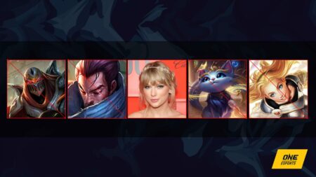 Banned LoL champions Zed, Yasuo, Yuumi, and Lux, with Taylor Swift