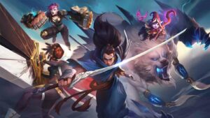 Key LoL splashart featuring Vi, Senna, Yasuo, Volibear, and Lulu