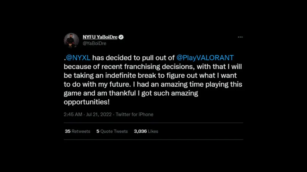 New York Fury leave Valorant, disband hours before pro match YaBoiDre on NYFU leaving Valorant