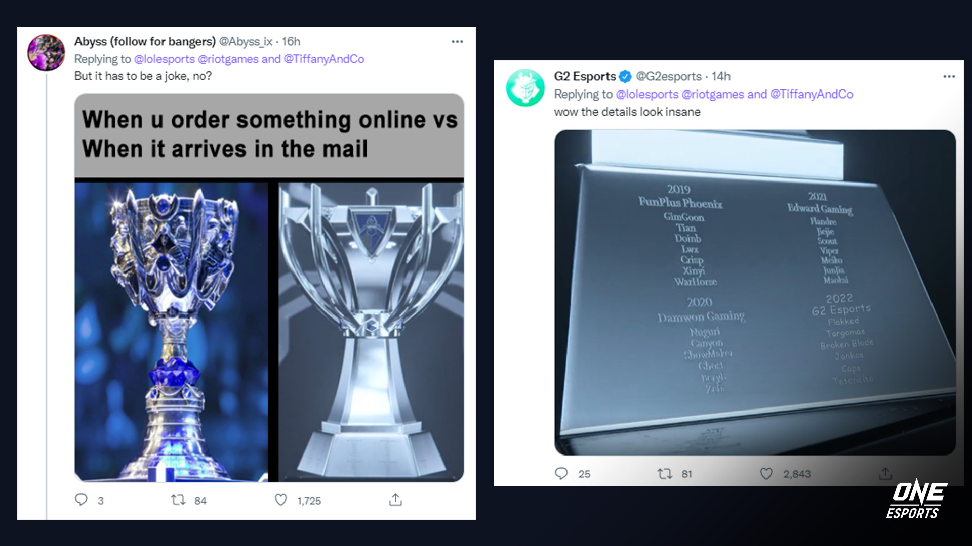 Worlds 2022 trophy Summoner's Cup memes from Twitter