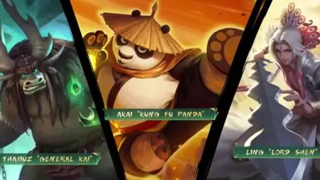 MLBB x Kung Fu Panda skins, General Kai Thamuz, Kung Fu Panda Akai, and Lord Shen Ling