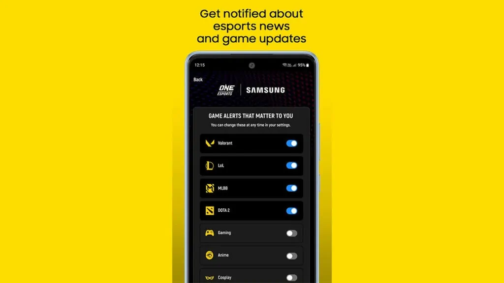 Samsung notifications from the ONE Esports app
