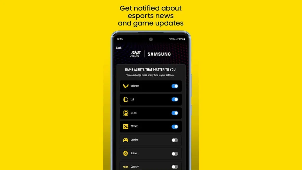 Notificaciones de Samsung desde la aplicación ONE Esports