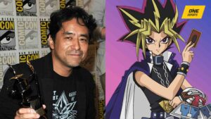 Yu-Gi-Oh creator Kazuki Takahashi next to Yami Yugi