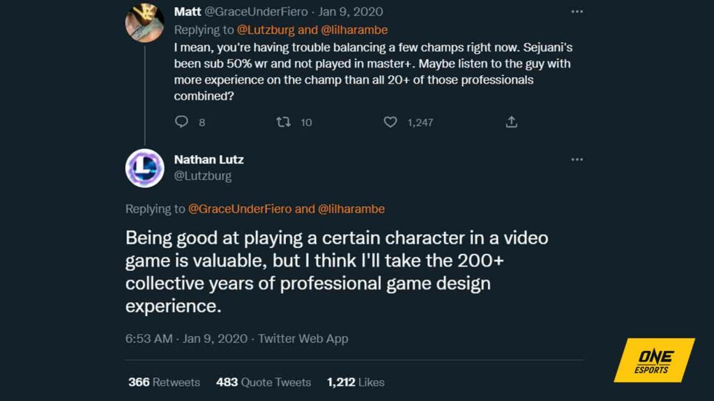 Twitter exchange between Lutzburg about balance changes in League of Legends using the term "200 years"