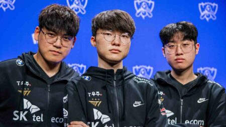 T1 Gumayusi, Faker, and Zeus at Worlds 2022