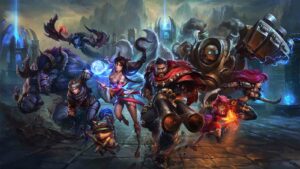 League of Legends champions Alistar, Ezreal, Nocturne, Ahri, Teemo, Graves, Blitzcrank, Annie, Katarina in splashart wallpaper