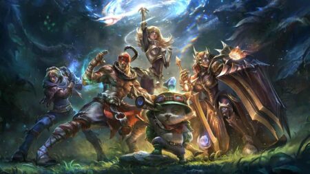 League of Legends champions splashart wallpaper featuring Ezreal, Lee Sin, Lux, Temmo, and Leona