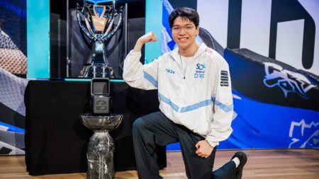 DRX Kingen posing with the Summoner's Cup at Worlds Media Night at Worlds 2022