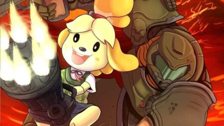 Animal Crossing's Isabelle shooting with Doomguy