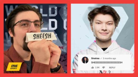 Shroud holding up 'Sheesh' sign and Sinatraa tweeting sheesh in ONE Esports featured image