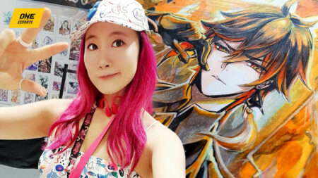 Artist Rachta Lin and her fan art of Genshin Impact's Zhongli in ONE Esports featured image