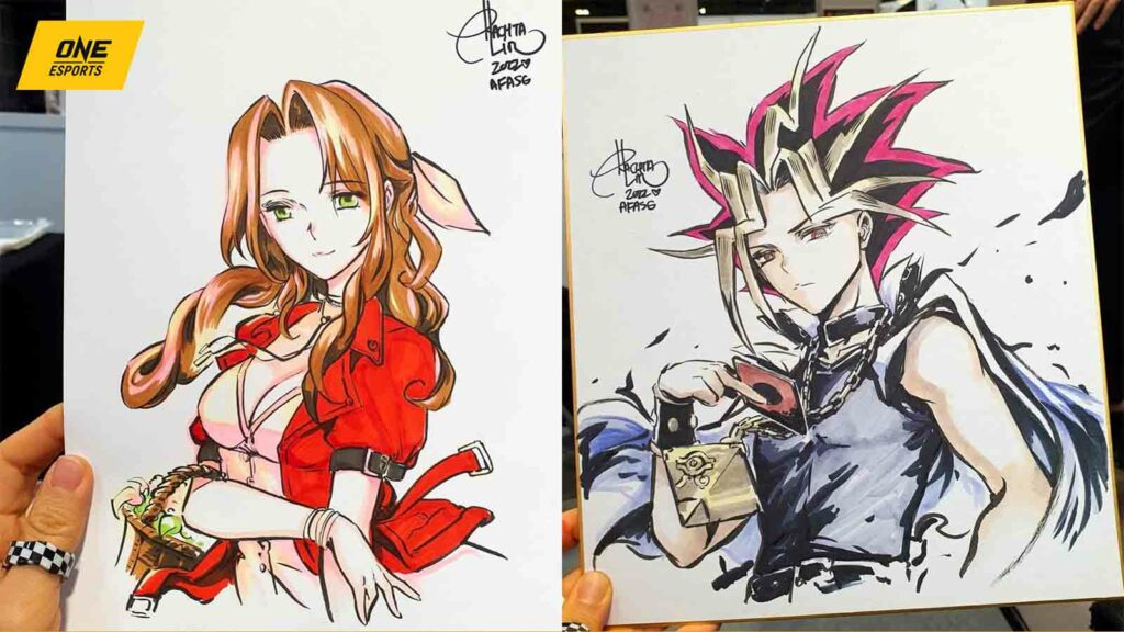 Final Fantasy 7 Aerith y Yu-Gi-Oh fan art de la artista autodidacta Rachta Lin