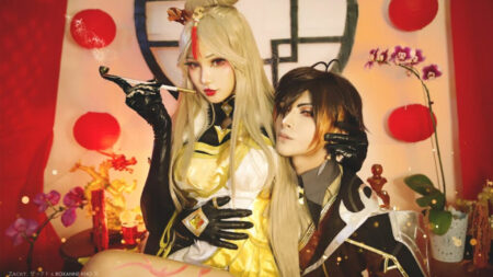 Cosplay couple Roxanne Kho and Zackt's Ningguang and Zhongli cosplay from Genshin Impact
