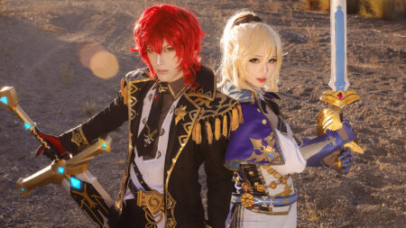 Cosplay couple Roxanne Kho and Zackt in their Genshin Impact cosplay featuring Diluc and Jean