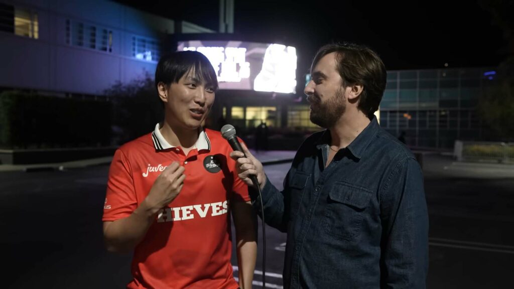 100 Thieves Doublelift talking to Travis Gaffor during 2023 LCS Spring