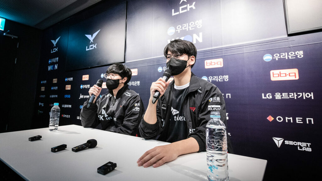 T1 Bengi and Gumayusi at LCK Spring 2023 post-game press conference after their win against Dplus KIA