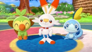 Starters Grookey, Scorbunny, and Sobble in Pokemon Sword and Shield