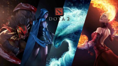 Bloodseeker, Drow Ranger, Morphling, Lina in Dota 2 official key visual