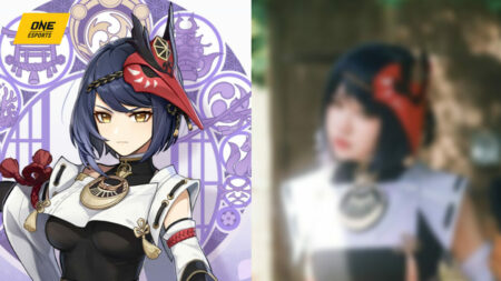 Kujou Sara cosplay by Tsikyo from Genshin Impact side by side comparison in ONE Esports featured image