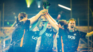 Fnatic's Jake "Boaster" Howlett and his team lifting the VCT LOCK//IN trophy after defeating LOUD in a 3-11 comeback on Icebox