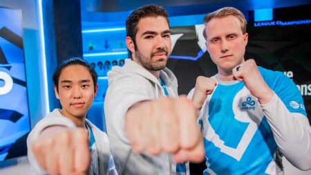 Cloud9 Berserker, Fudge, and Zven at LCS Spring 2023 playoffs fist punching