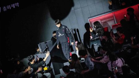 T1 Faker at LCK Spring 2023 playoffs making an entrance