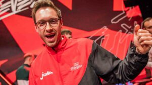 100 Thieves mid laner Bjergsen posing on stage in Week 8 of LCS Spring 2023