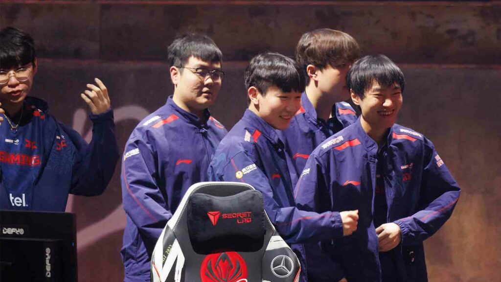 JD Gaming is seen onstage after victory against Golden Guardians at the League of Legends - Mid-Season Invitational Bracket Stage on May 12 2023 in London, England