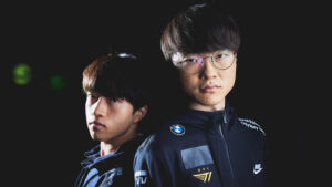 T1 Faker and Keria in black background at Worlds 2022