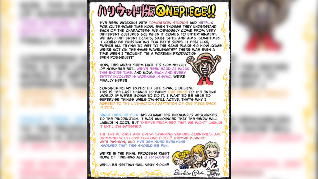 Eiichiro Oda wrote a letter about the One Piece Live Action! : r