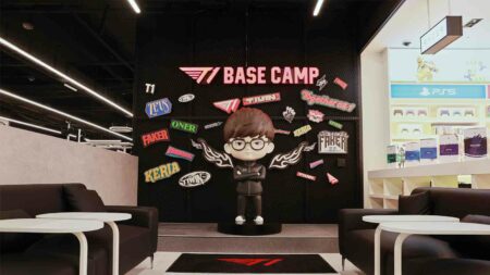 T1 PC Bang's base camp wall with Faker statue