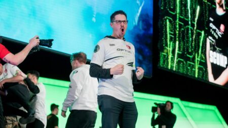Former OpTic Texas coach Rambo Ray celebrates on stage
