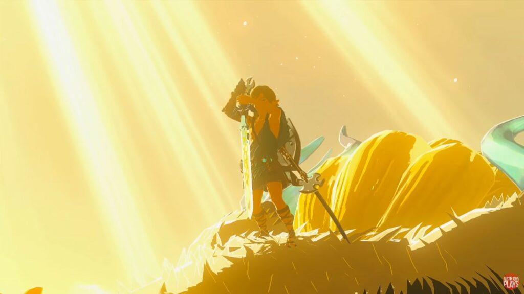 Link desenvaina la espada maestra del dragón de la luz en Zelda Tears of the Kingdom