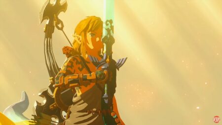 Link holds Master Sword in Zelda Tears of the Kingdom