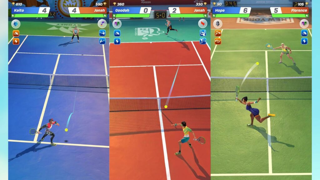 Serangkaian tangkapan layar dari Tennis Clash dari dua pemain yang saling berhadapan