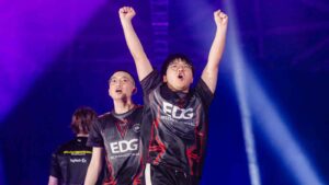 Zheng "ZmjjKK" Yongkang (L) and Wan "CHICHOO" Shunzhi of EDward Gaming react onstage after victory at VALORANT Masters Tokyo Group Stage at Tipstar Dome Chiba on June 13, 2023 in Tokyo, Japan