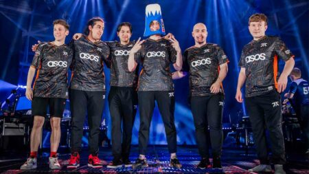 Fnatic poses onstage after victory against Evil Geniuses at VALORANT Masters Tokyo Brackets Stage at Tipstar Dome Chiba on June 21, 2023 in Tokyo, Japan