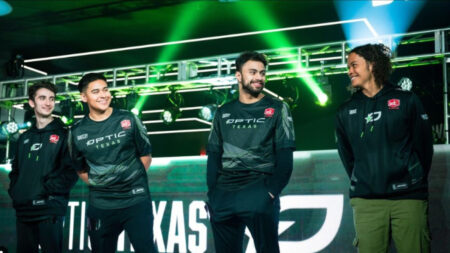 OpTic Texas on stage smiling during Call of Duty League 2023 Season