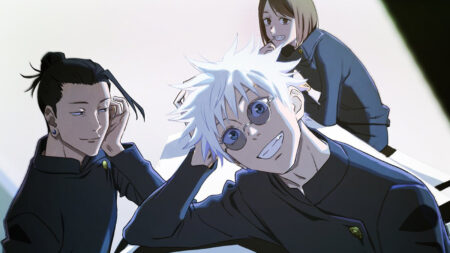 Jujutsu Kaisen Season 2 characters Gojo Satoru, Geto Suguro, and Shoko Ieiri in the anime's ending theme