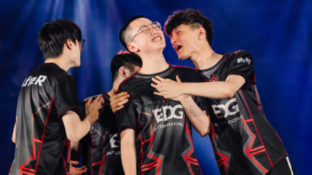 TOKYO, JAPAN - JUNE 18: EDward Gaming poses onstage after victory against LOUD at VALORANT Masters Tokyo Brackets Stage at Tipstar Dome Chiba on June 18, 2023 in Tokyo, Japan. (Photo by Colin Young-Wolff/Riot Games)