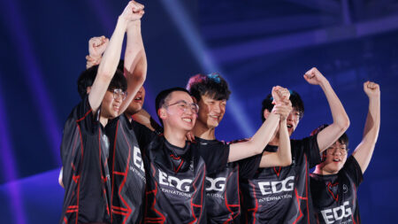 EDward Gaming poses onstage after victory against LOUD at VALORANT Masters Tokyo Brackets Stage at Tipstar Dome Chiba on June 18, 2023 in Tokyo, Japan