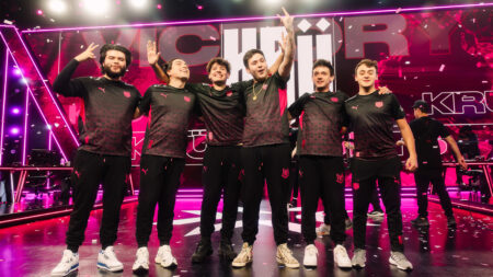 KRU Esports poses onstage after victory during 2023 VCT Americas Last Chance Qualifier Grand Final at the Riot Games Arena on July 23, 2023
