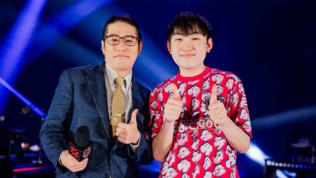 Esports caster Tetsuya "OooDa" Okagami and Wang "Jinggg" Jing Jie of Paper Rex pose during a post-game interview at VALORANT Masters Tokyo Brackets Stage at Tipstar Dome Chiba on June 20, 2023 in Tokyo, Japan