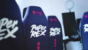 Paper Rex Secretlab chairs back view showing Paper Rex and Secretlab logos