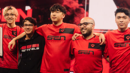 Sentinels pose onstage after victory during Week 8 of 2023 VCT Americas at the Riot Games Arena on May 18, 2023