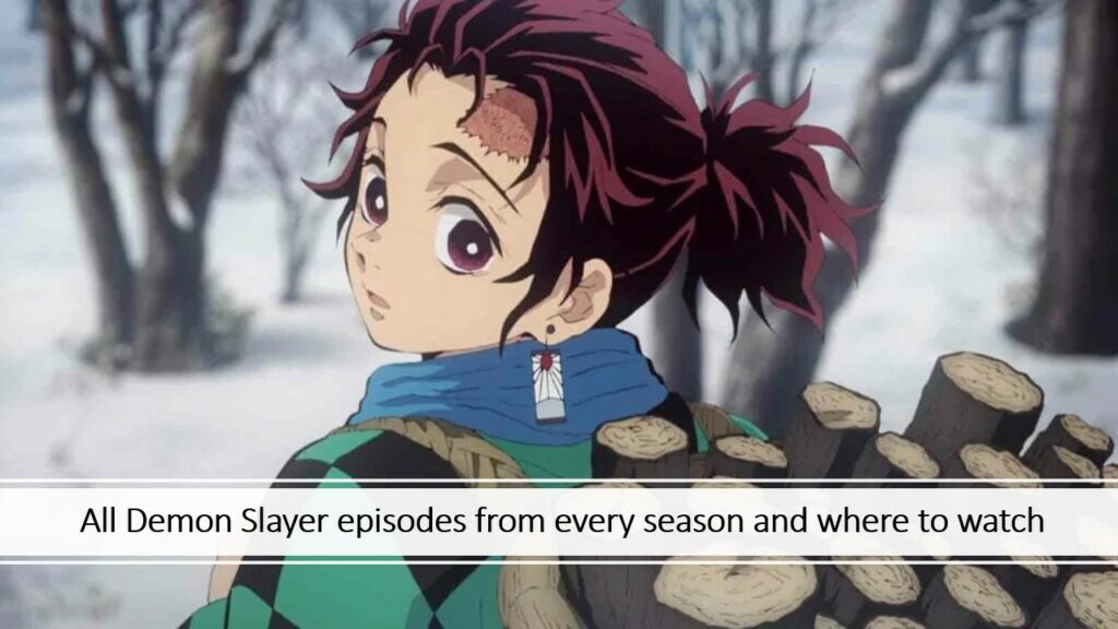 Tanjiro Kamado en el primer episodio del anime Demon Slayer con el título que indica dónde ver todos los episodios