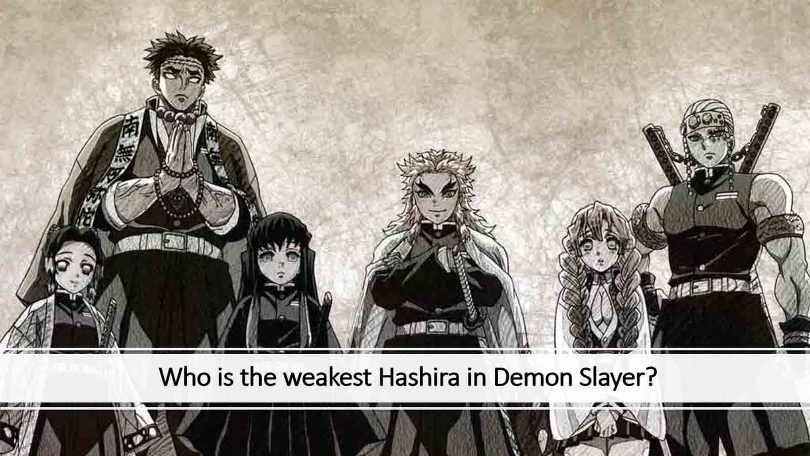 Imagen de todas las Hashira en Demon Slayer con la leyenda de quién es el más débil del grupo