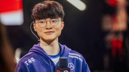 LONDON, ENGLAND - MAY 13: Lee "Faker" Sang-hyeok of T1 is seen onstage after victory against Gen.G Esports at the League of Legends - Mid-Season Invitational Bracket Stage on May 13 2023 in London, England.