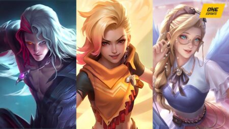 Feature image of the Mobile Legends guides article by ONE Esports, featuring heroes Arlott, Ixia, and Rafaela